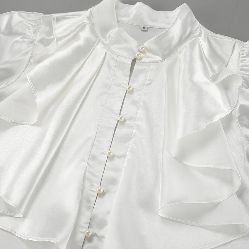 Elegant Pleated Flared Sleeve Pearl Button Shirt