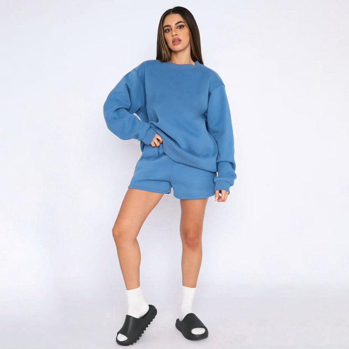 Nude Solid Color Casual Loose Pullover Hoodie Shorts Set