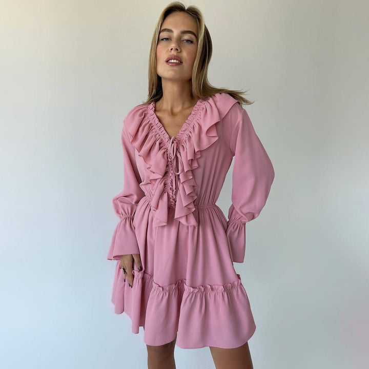 V-neck Pleated Ruffle Waist Long Sleeve Mini Dress