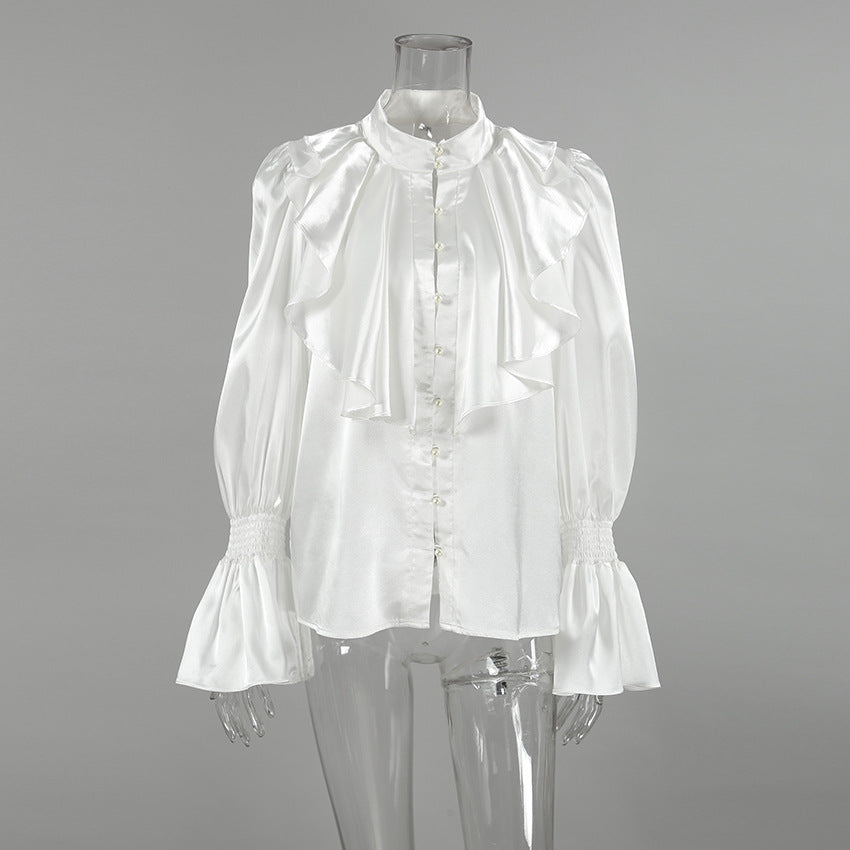 Elegant Pleated Flared Sleeve Pearl Button Shirt