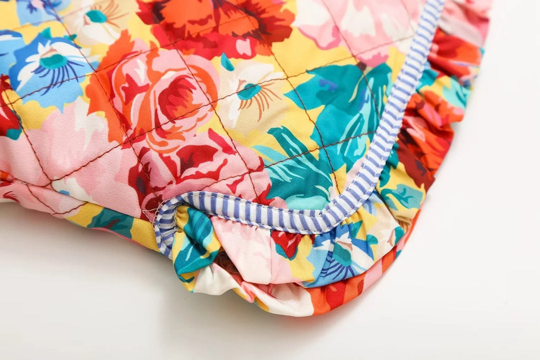 Jaqueta boêmia com estampa floral acolchoada rosas patchwork