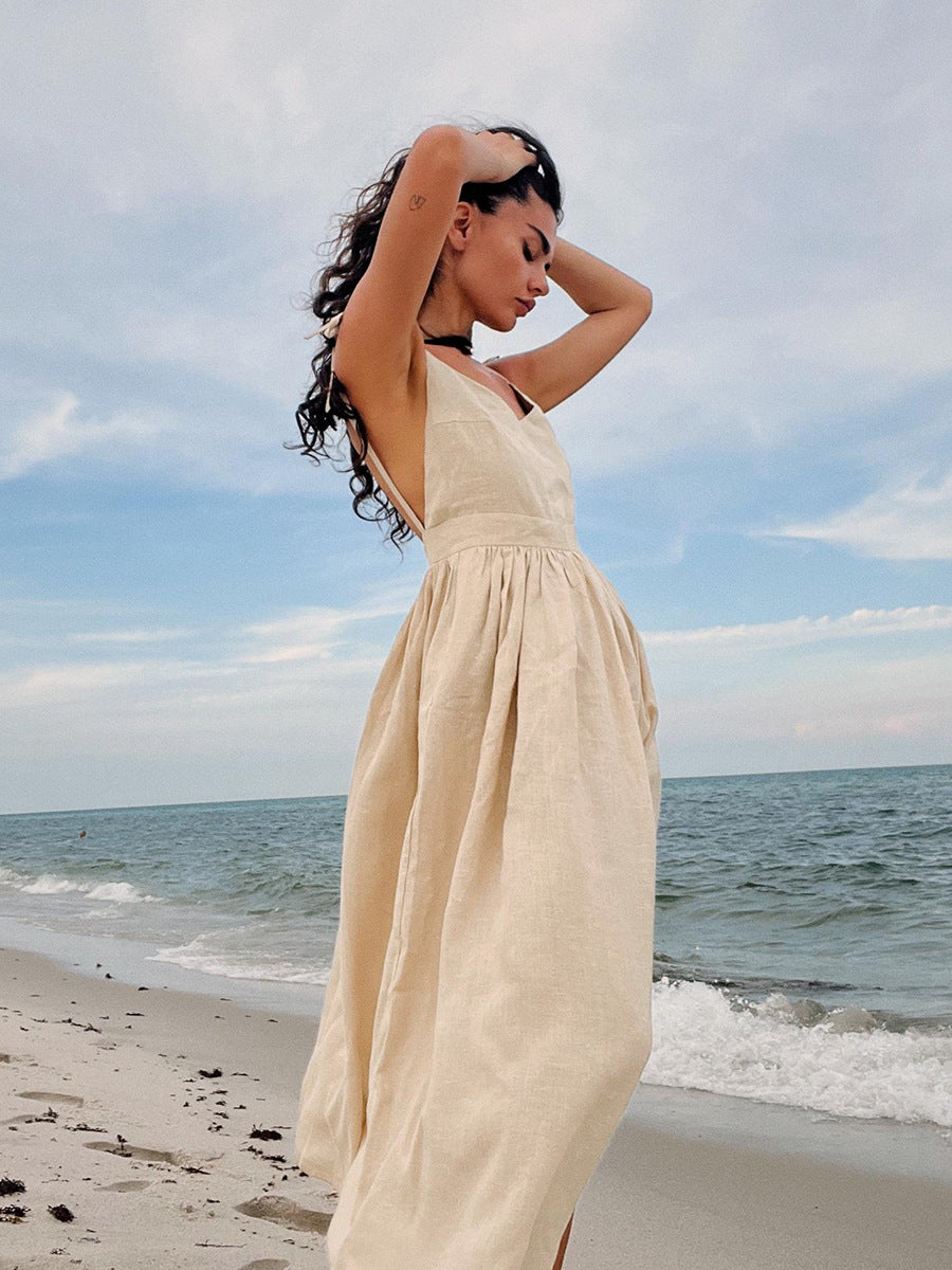 Beach Casual Vacation Halter Backless Midi Dress