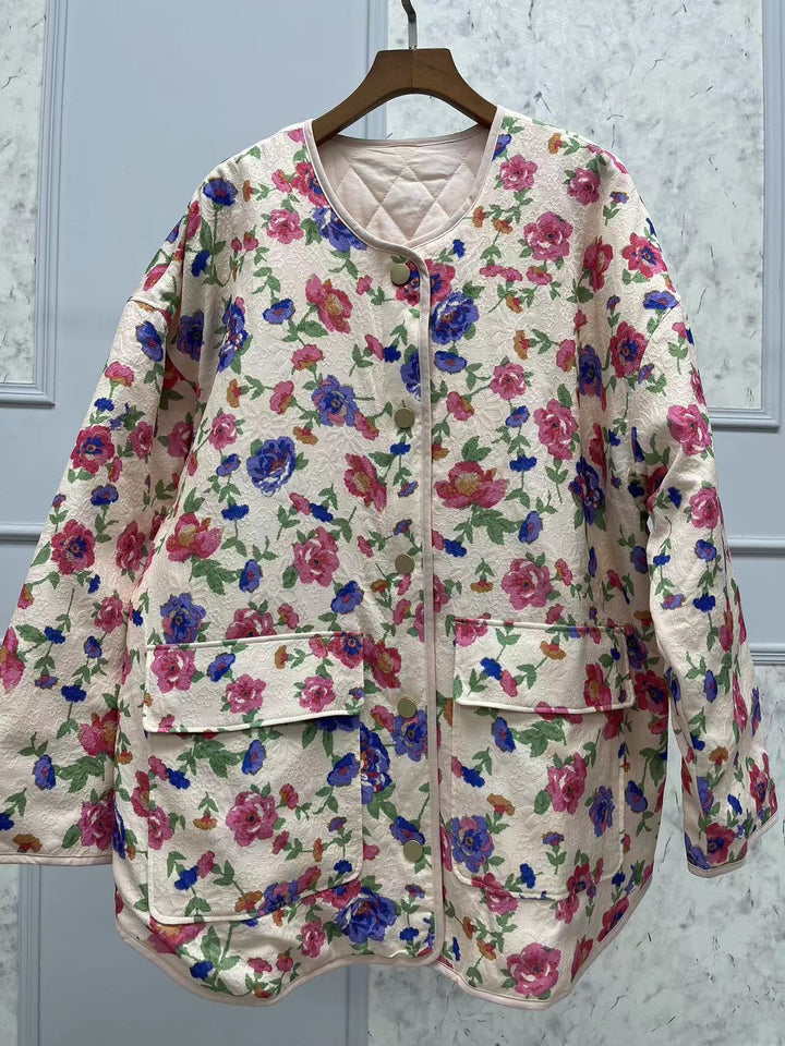 Floral Print Embossed Pockets Cotton Jacket