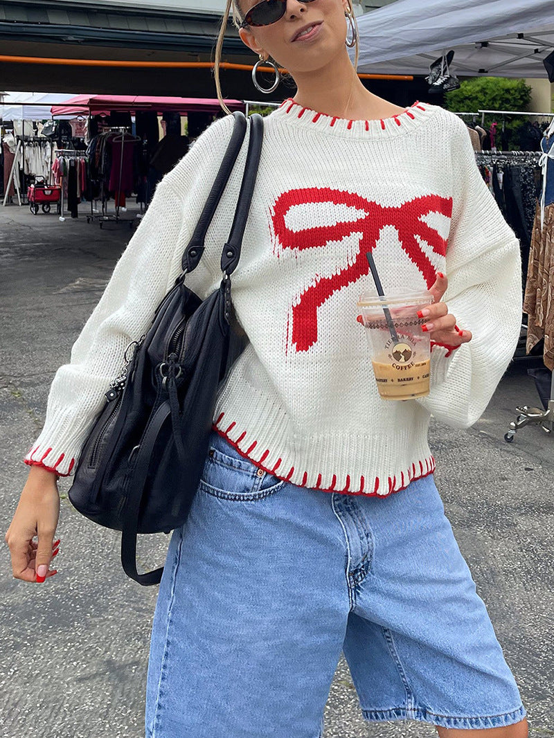 Cream Red Bow Knitted Sweater