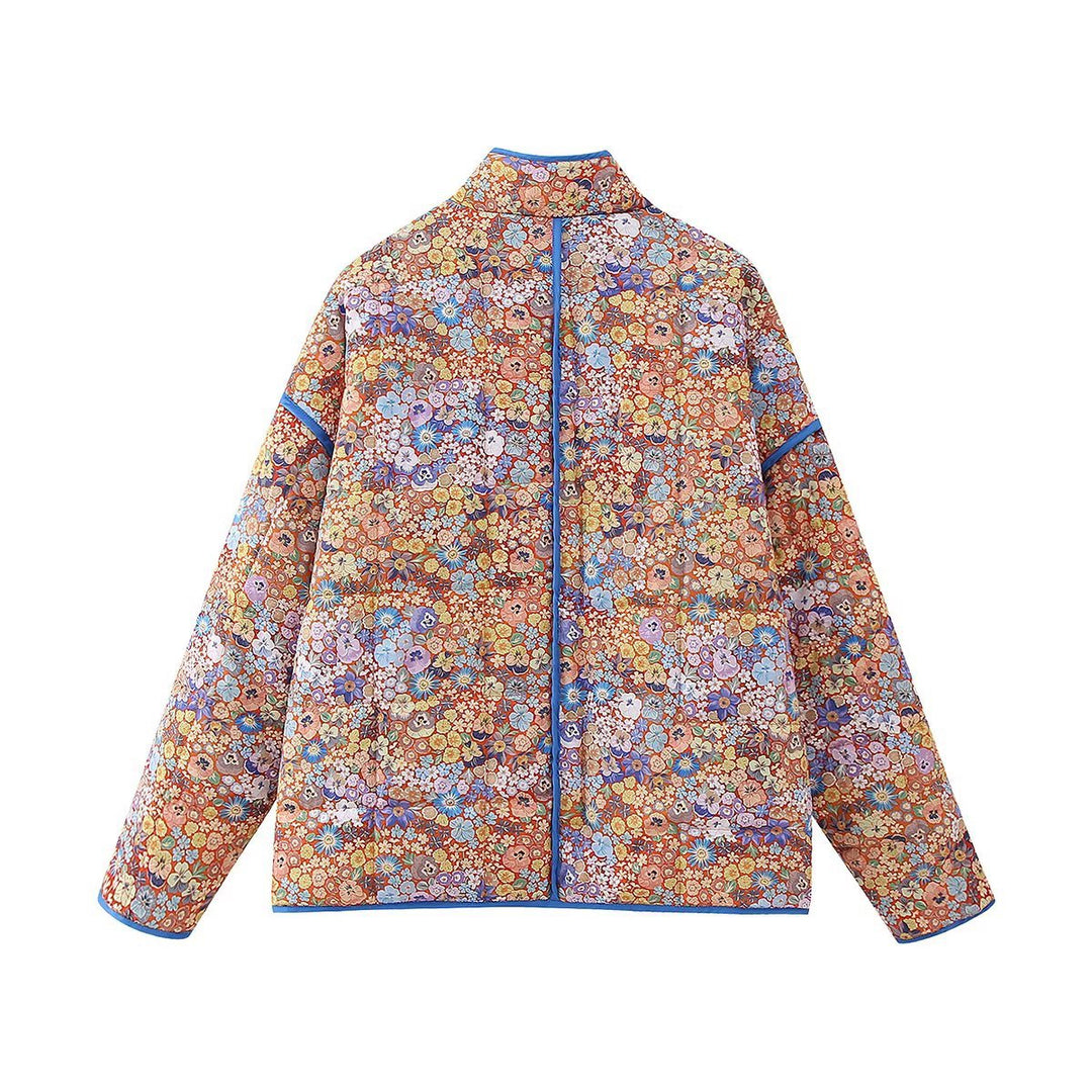 Small Floral Print Pocket Clip Cotton Drop Shoulder Jacket-Orange