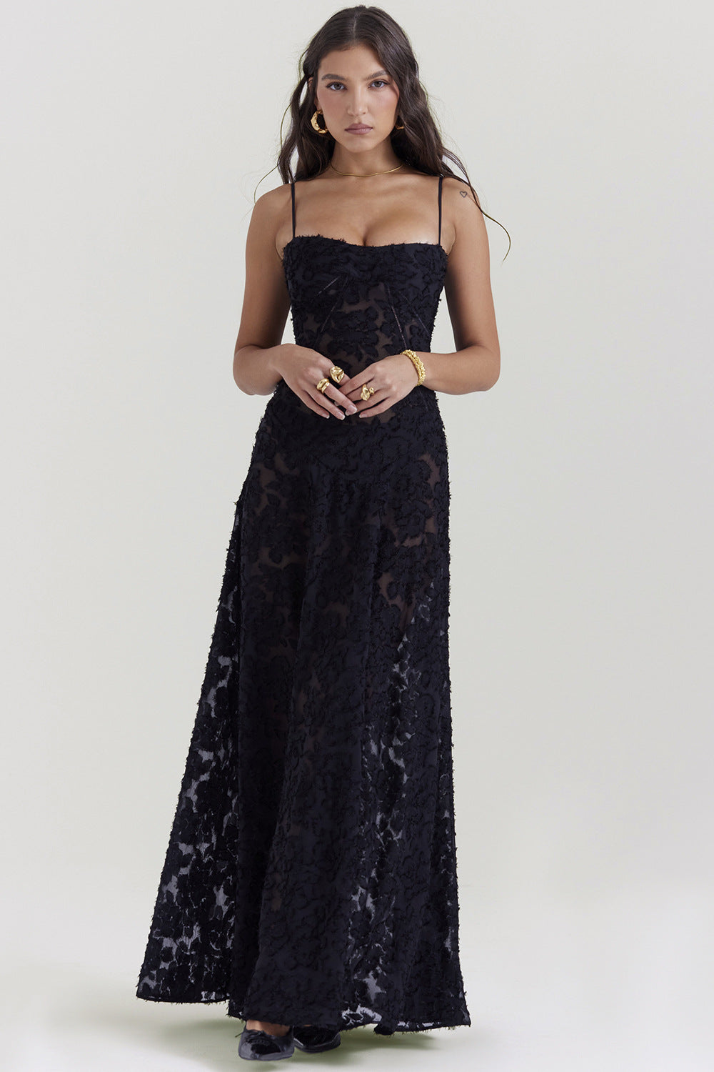 Black Floral Lace Back Maxi Dress