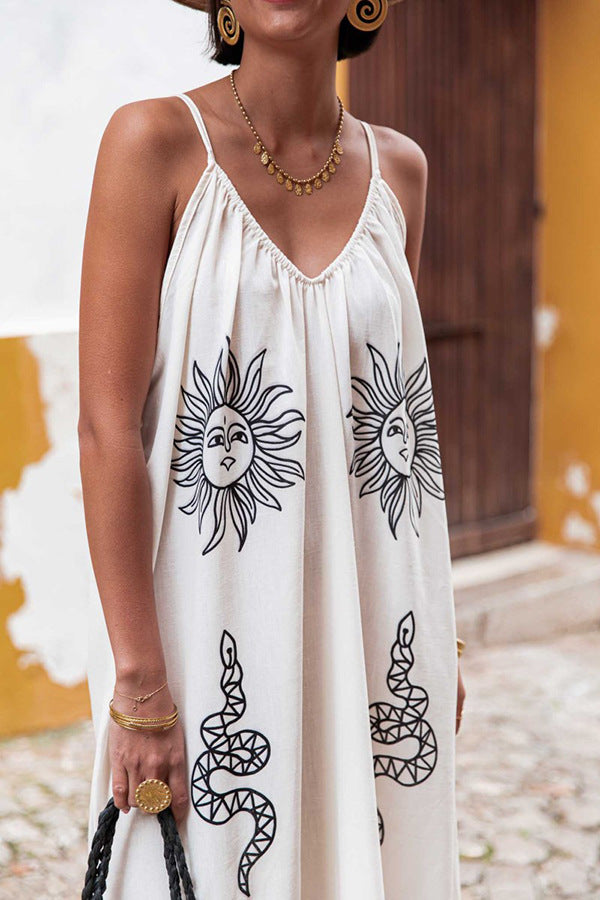 Vestido maxi com estampa floral com decote em V para férias na praia