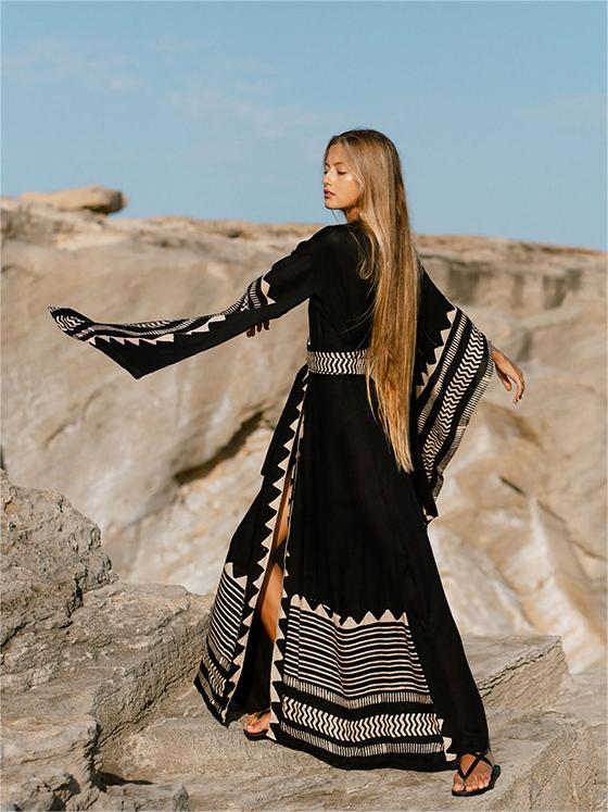 Black Bohemia Slit Long Sleeve Beach Cover Up