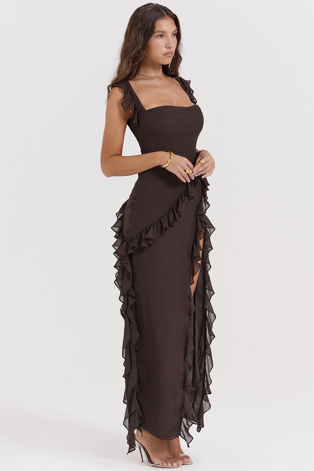 Square Neck Ribbon slit Slim Maxi Dress