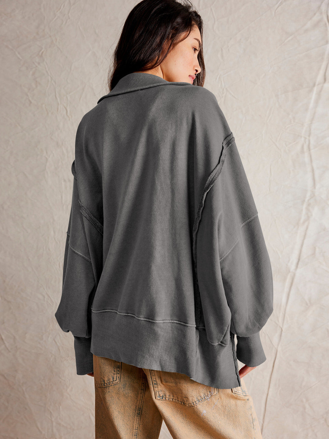 Loose Lantern Sleeve Lapel Slit Hoodie