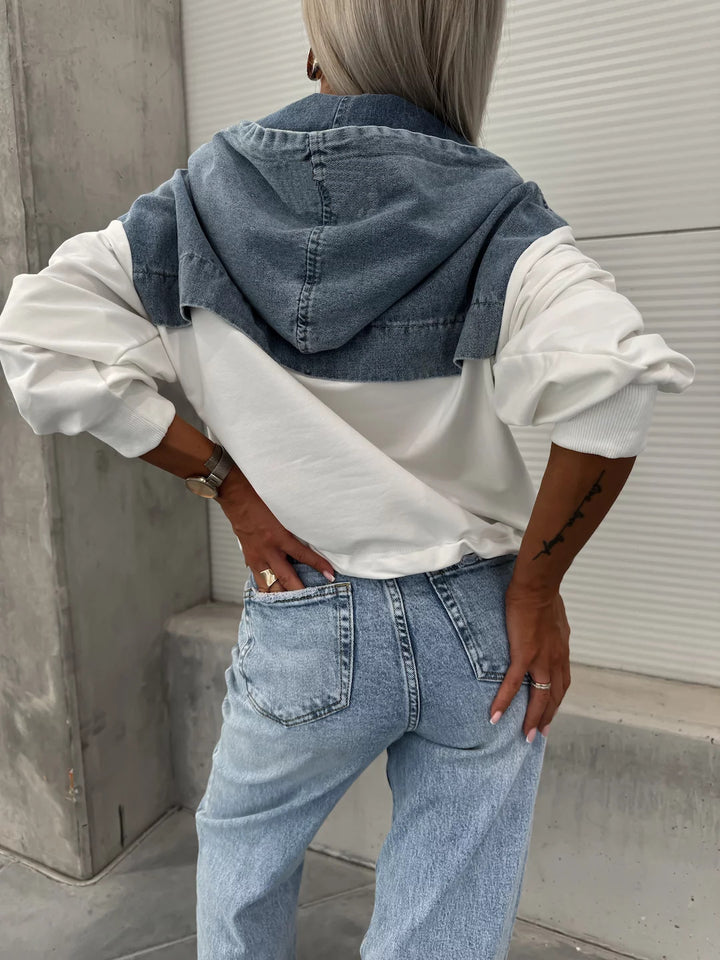 Loose Casual Wash Denim Patchwork Hoodie