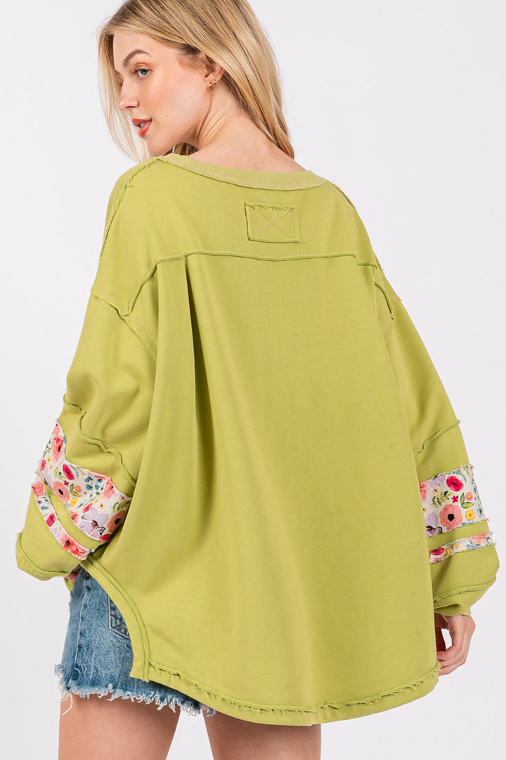 Floral Print Patch Patchwork Long-Sleeved Sweatshirt