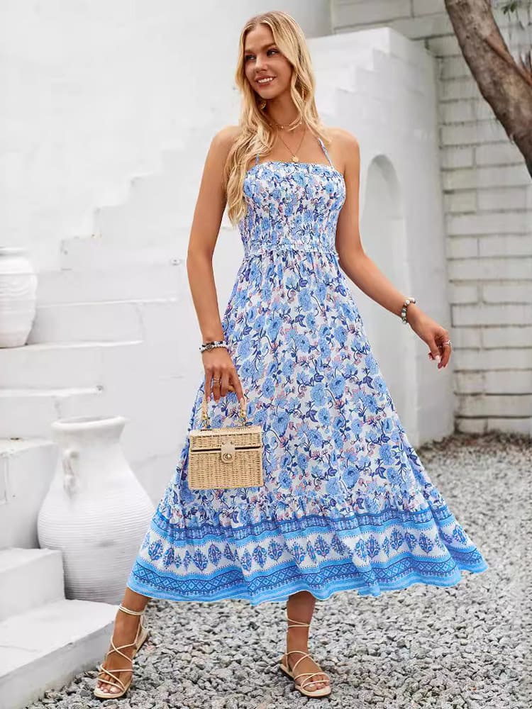 Floral Print Smocked Chest Halter Neck Midi Dress