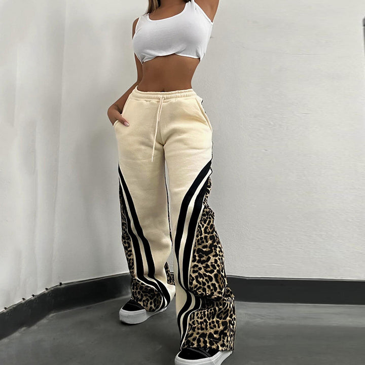 Street Style Leopard-Print Striped Patchwork High-Waisted Pant