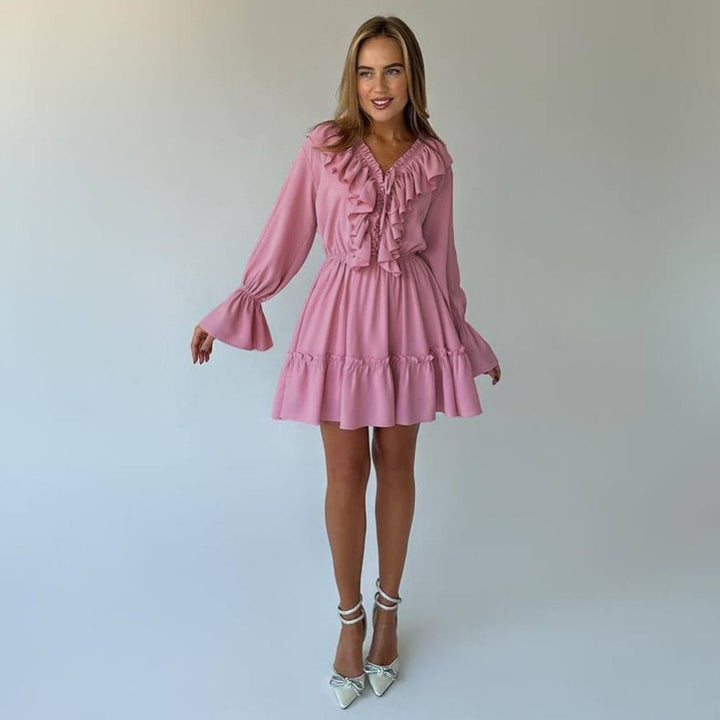 V-neck Pleated Ruffle Waist Long Sleeve Mini Dress