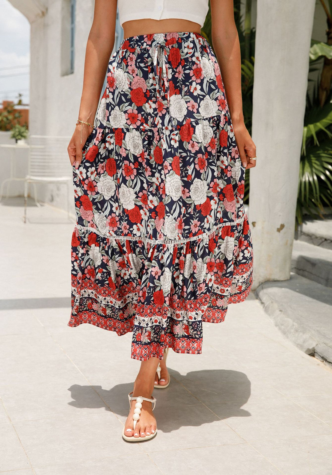 Romantic Boho Floral Print High Waist Skirt