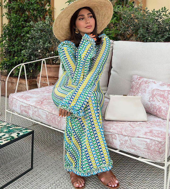 Robe longue dos nu à manches longues avec rayures ondulées au crochet