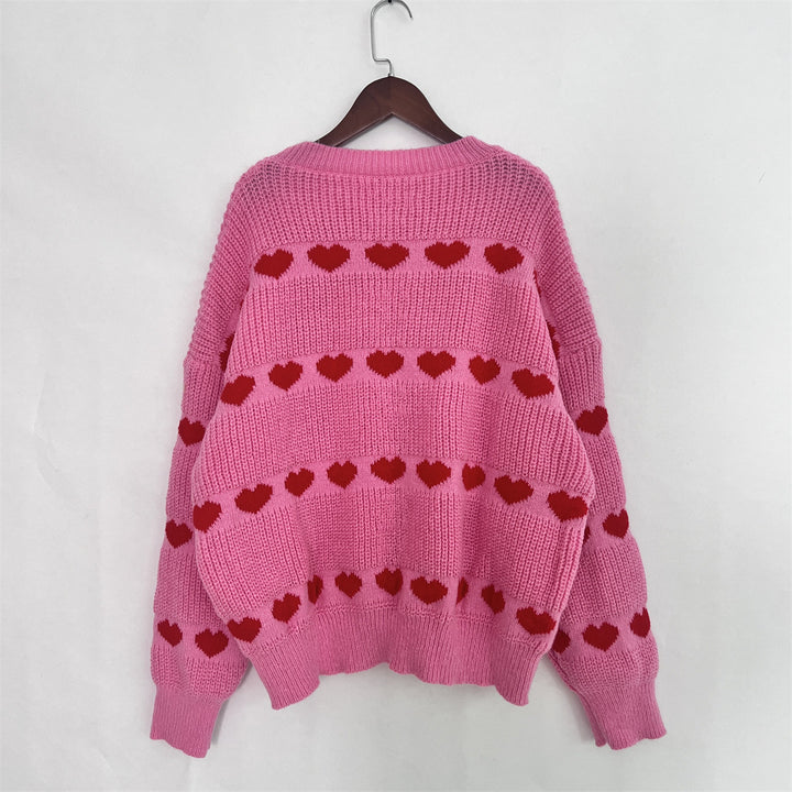 Lovey Red Heart Stripe Knitted Sweater