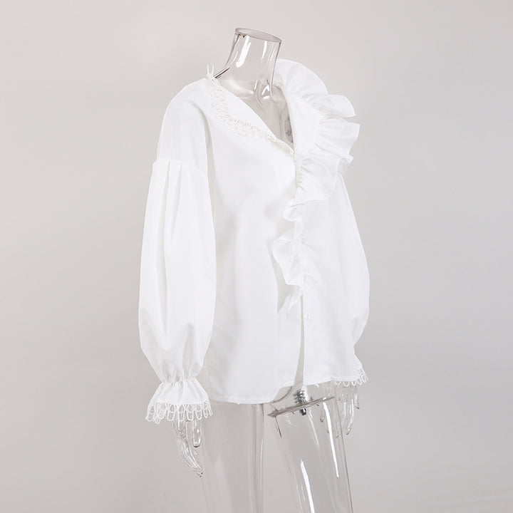 V-neck Asymmetry Frilled Long Sleeve Blouse Shirt