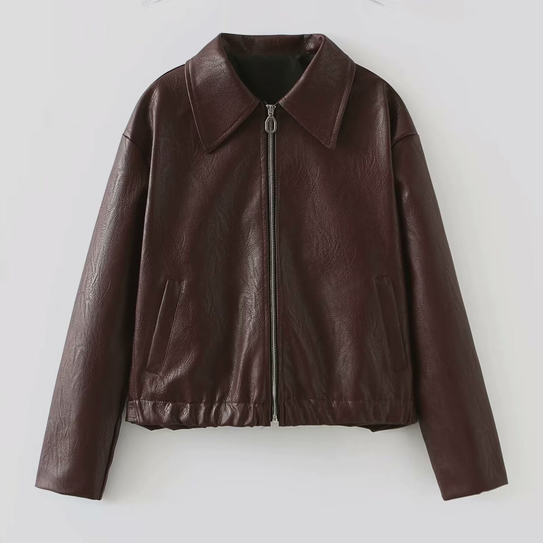 Vintage Lapel Zipper Faux Leather Jacket