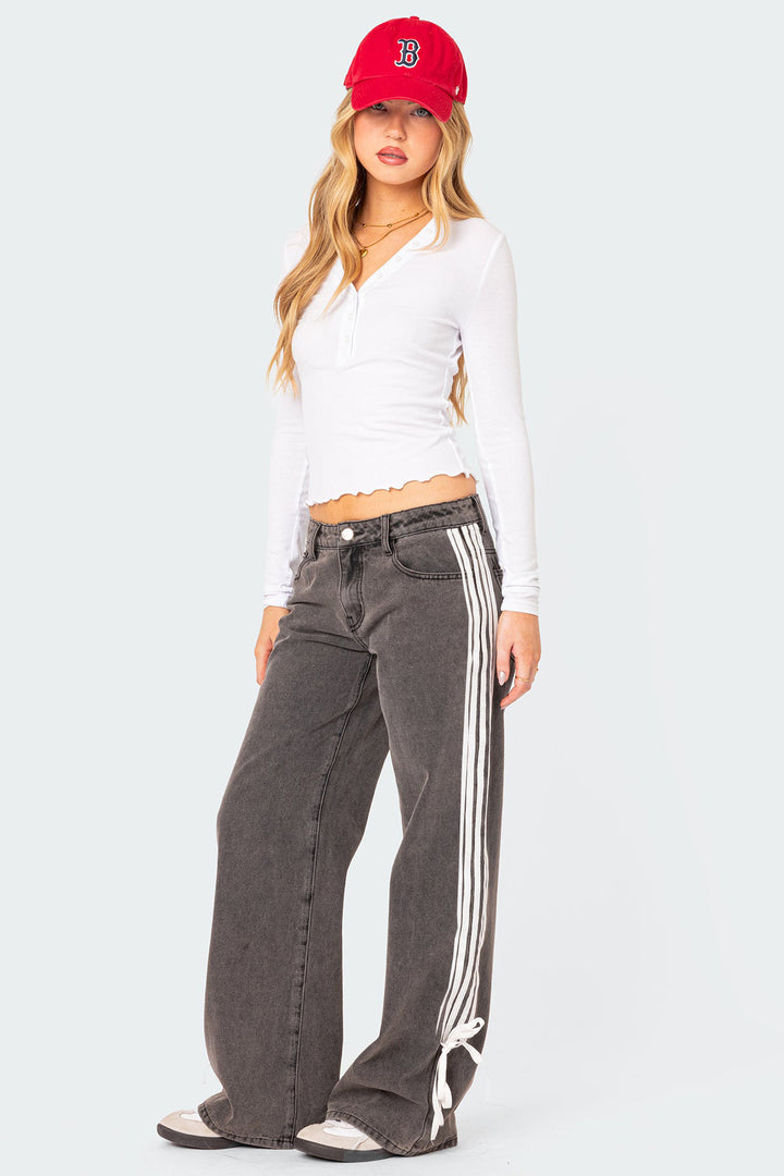 Low Waist Loose Side Striped Bow Wide-Leg Jeans