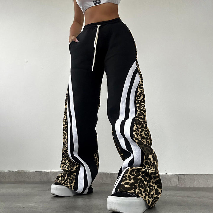 Street Style Leopard-Print Striped Patchwork High-Waisted Pant