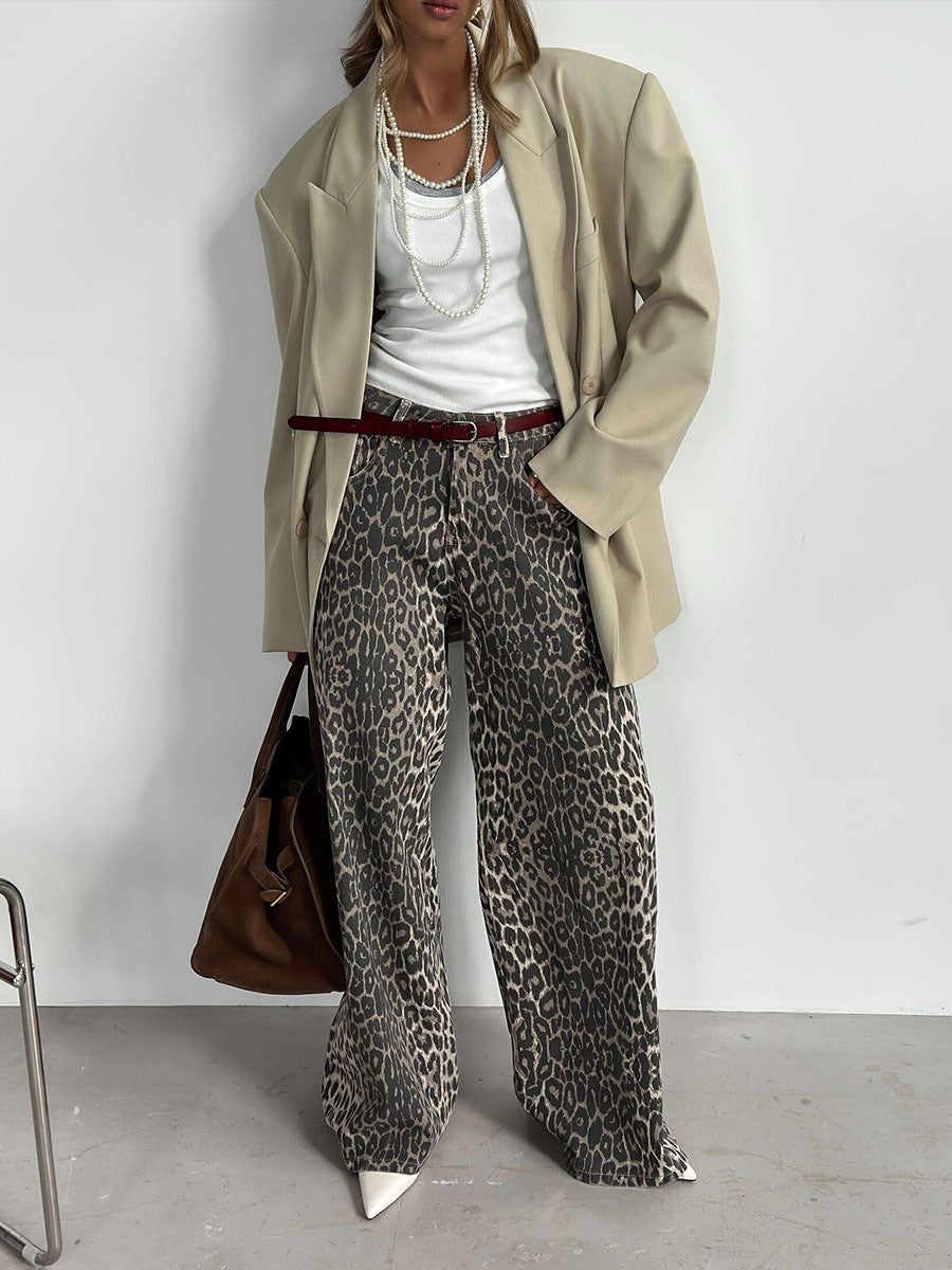 Pantalones anchos hasta el suelo con estampado de leopardo