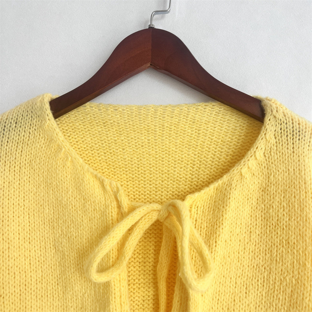 Solid Color Crew Neck Lace-Up Cardigan