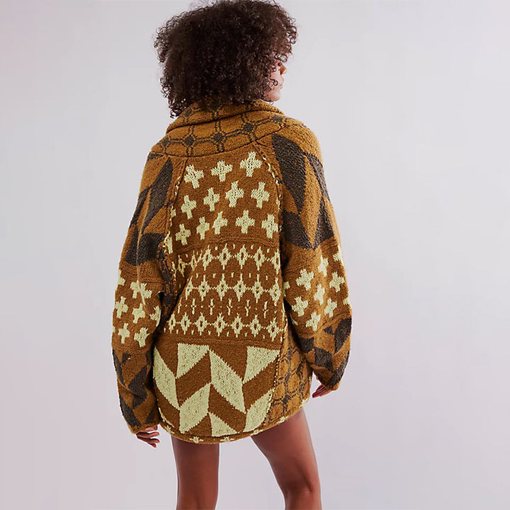 Collared Neck Geometric Pattern Long Sleeve Cardigan