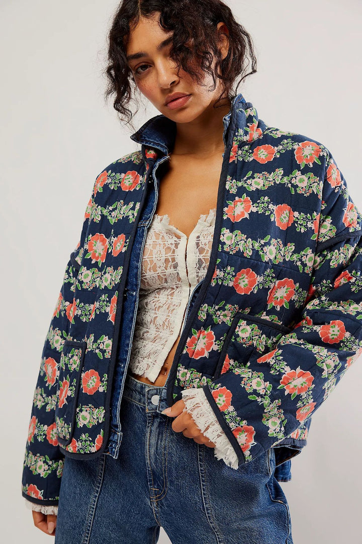 Flower Print Pocket Clip Cotton Drop Shoulder Jacket-Navy Blue