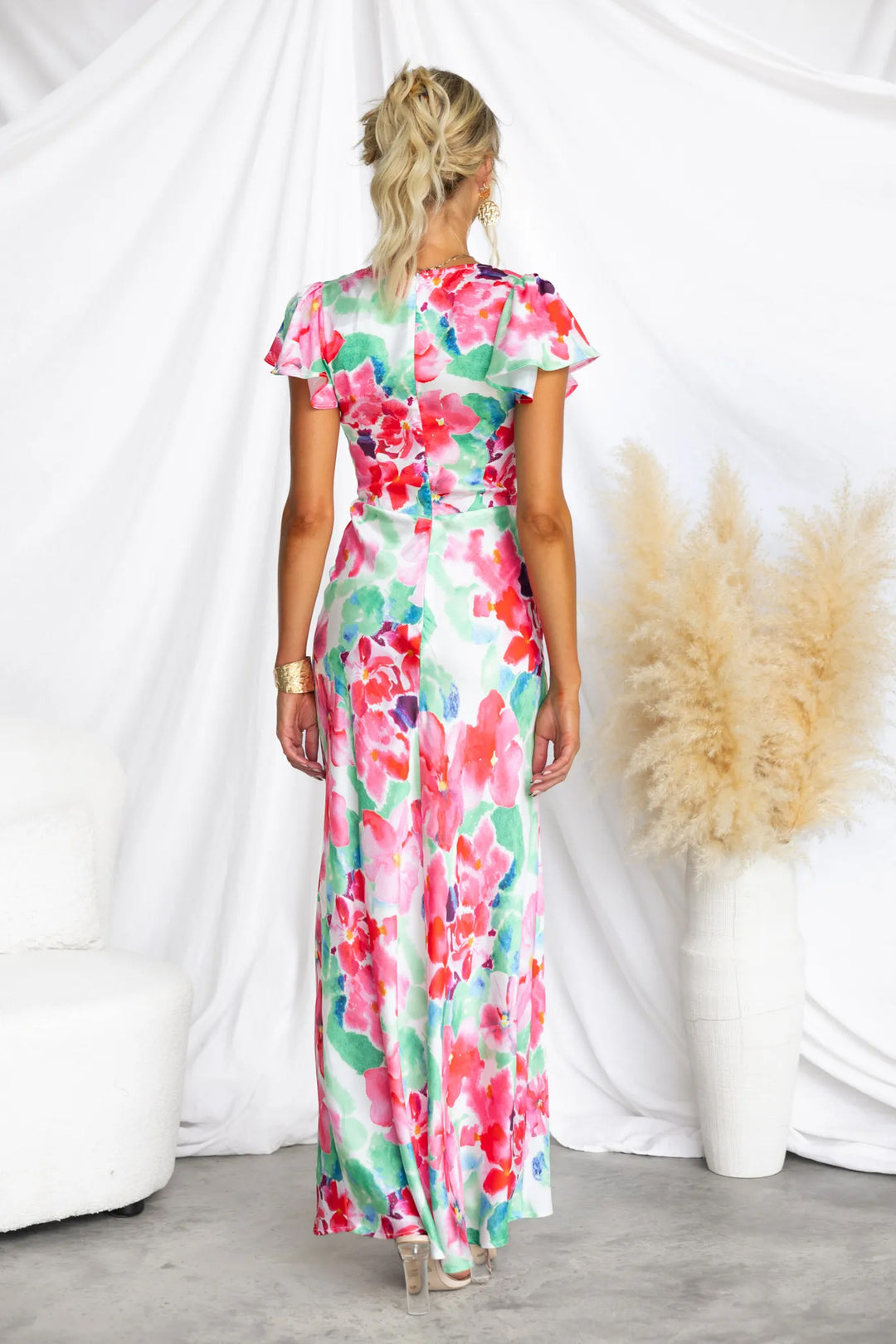 Flower Print V-neck Peplum Sleeve Maxi Dress