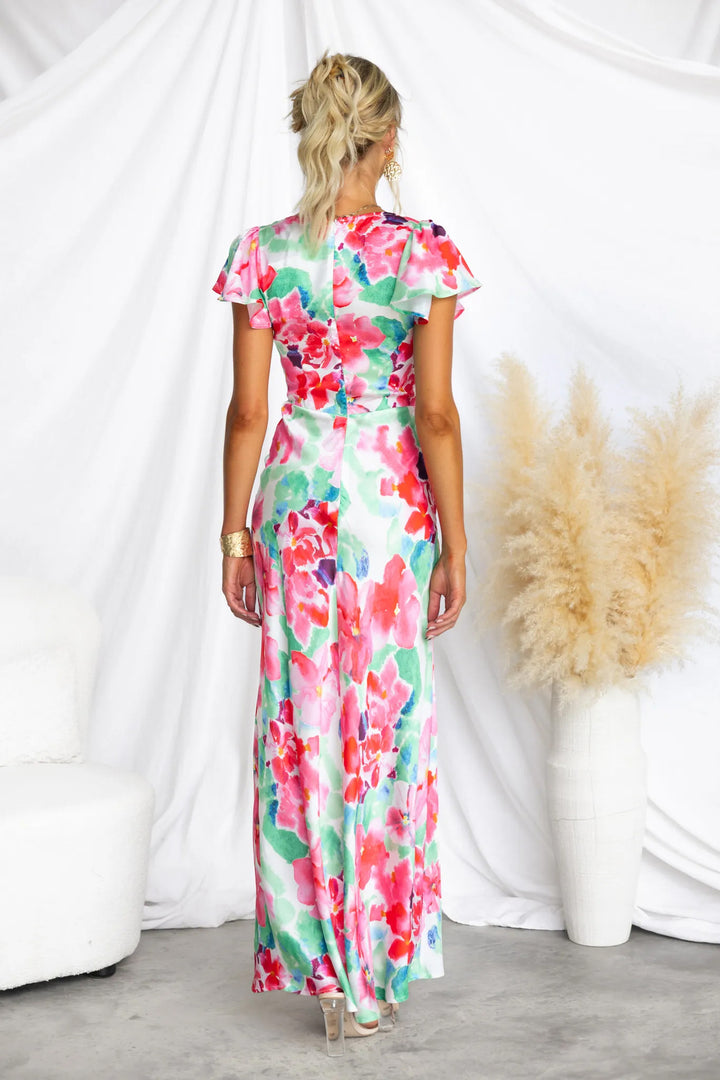 Flower Print V-neck Peplum Sleeve Maxi Dress