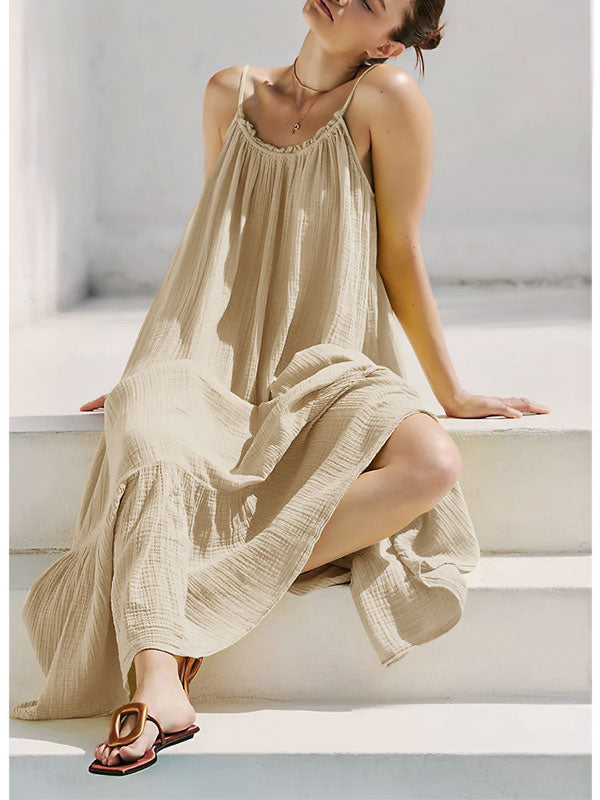 Linen Suspender Ruffled Hem Midi Dress