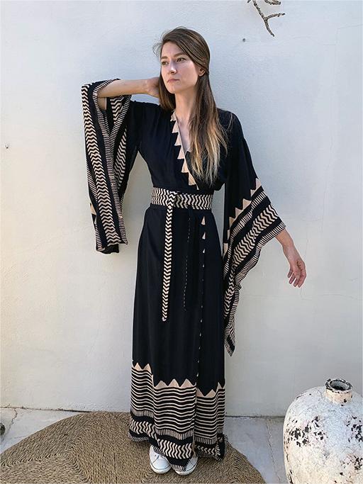 Black Bohemia Slit Long Sleeve Beach Cover Up