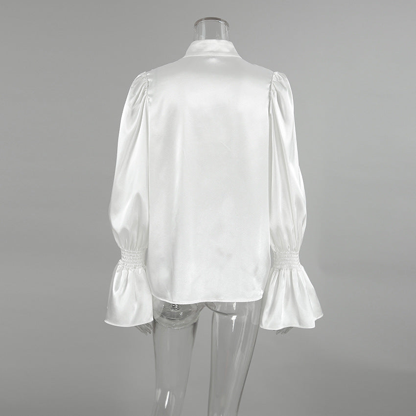 Elegant Pleated Flared Sleeve Pearl Button Shirt