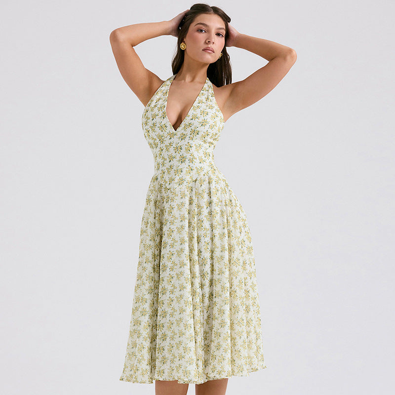 Halterneck Deep V Floral Backless Midi Dress