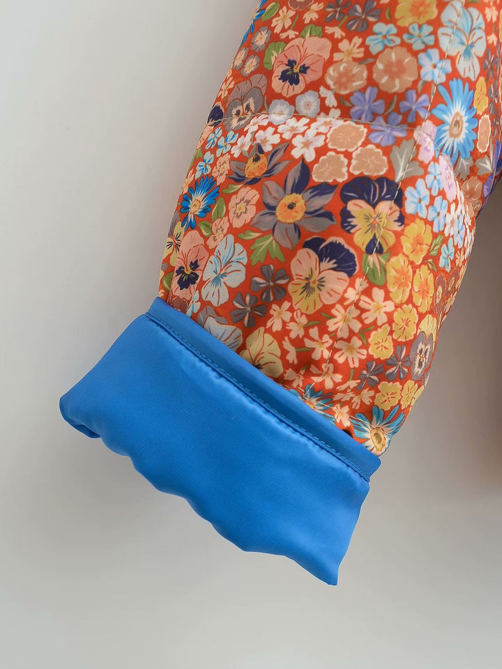 Jaqueta pequena com estampa floral e bolso de algodão com ombro caído - Laranja