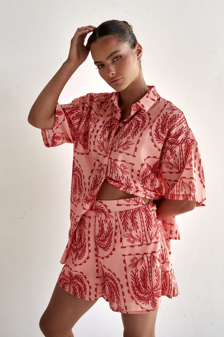 Coconut Tree Print Lapel Shirt Shorts Set