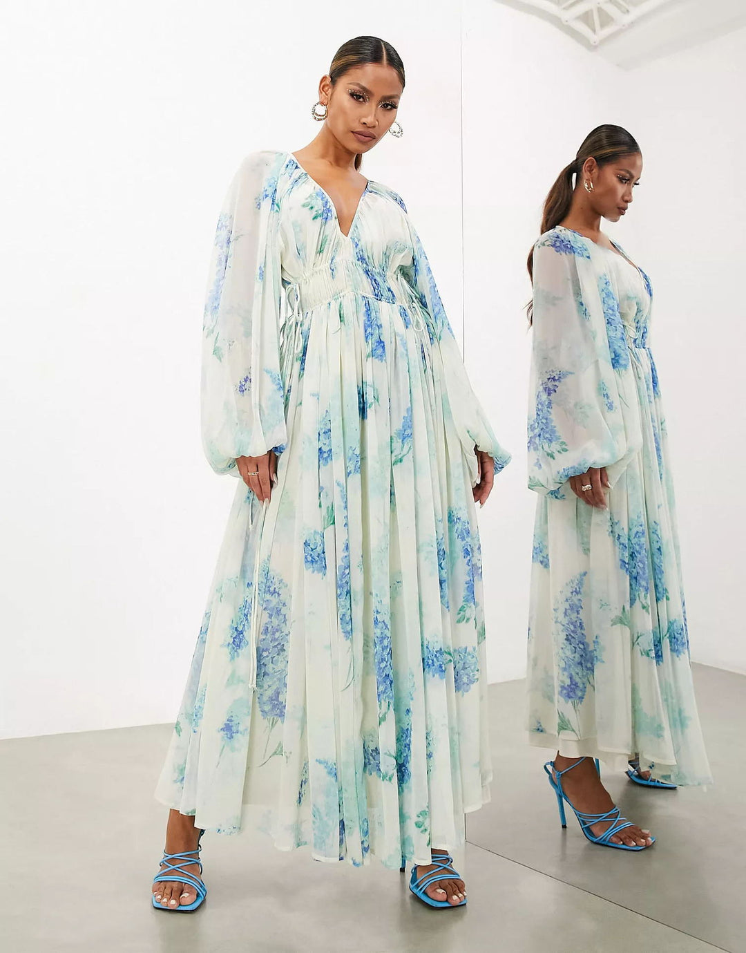 Ocean Flower Chiffon Floral Drawstring Waist Maxi Dress