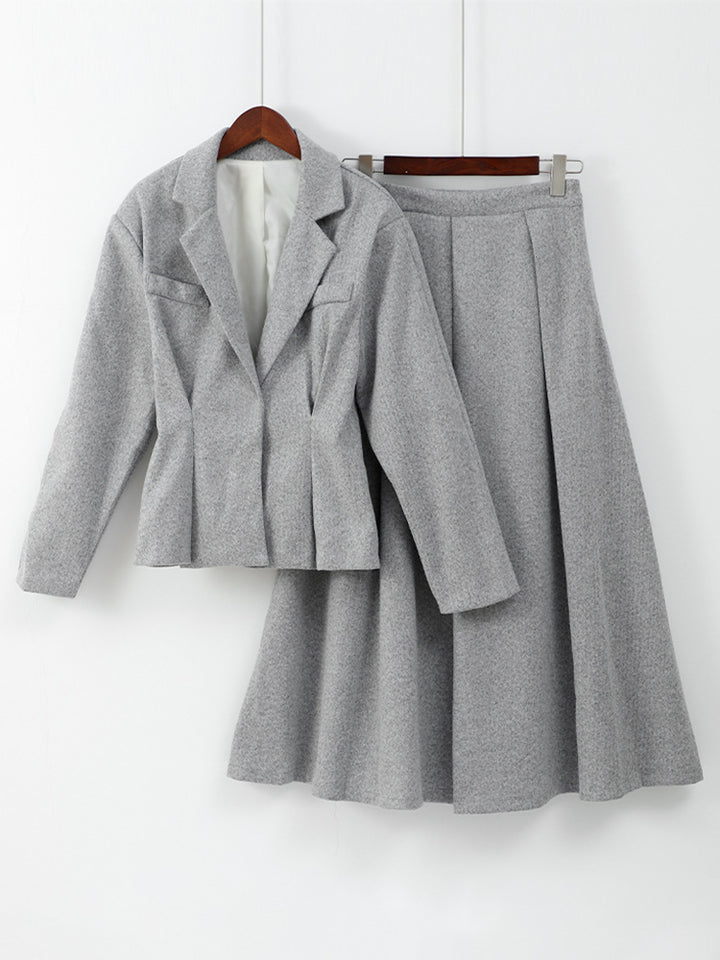 Shoulder-Padded Waist-Slimming Jacket And A-Line Skirt Two Piece Set