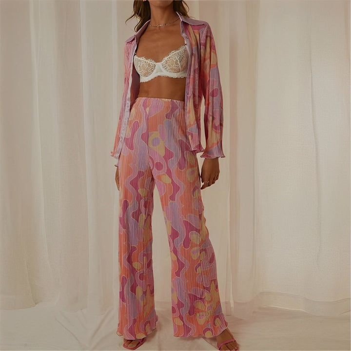 Pleated Printed Lapel Long-sleeved Shirt Pants Set