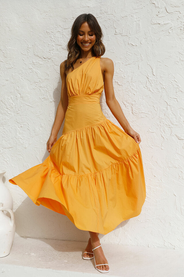 Flowy One Shoulder Tiered Beach Vacation Midi Dress