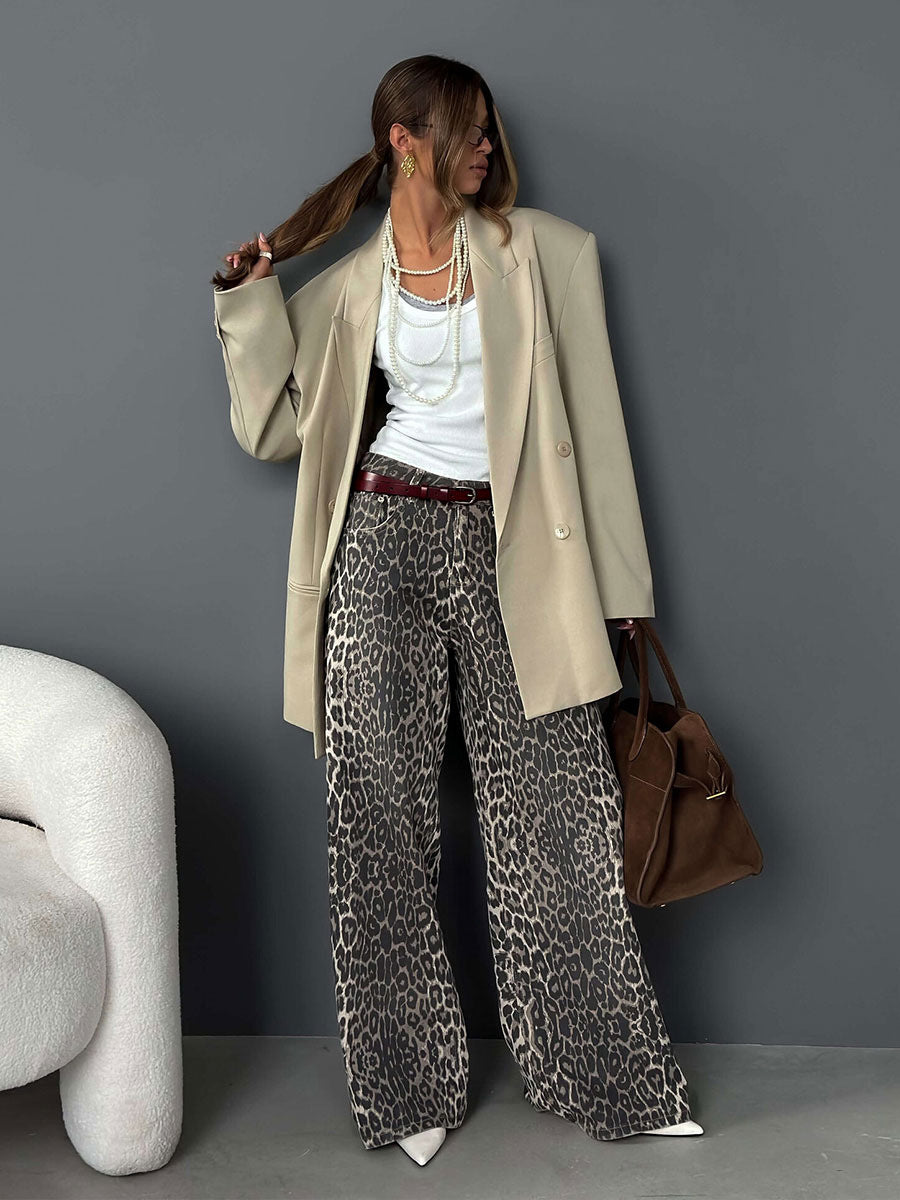 Leopard Print Wide-Leg Floor-Length Pants