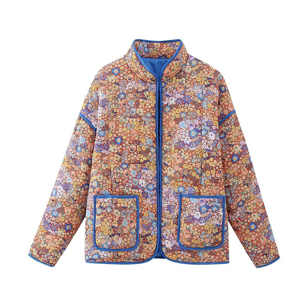 Small Floral Print Pocket Clip Cotton Drop Shoulder Jacket-Orange