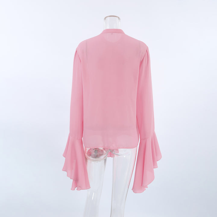 Crew Neck Bell Sleeve Sheer Chiffon Waterfall Ruffle Blouse