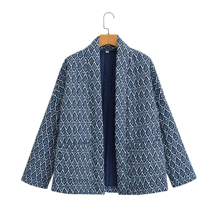 Geometric Pattern Floral Print Pockets Quilted Jacket