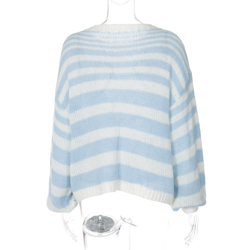 Blue White Contrast Striped Sweater