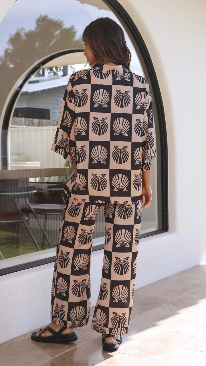 Special Satin Shell Print Wide Leg Pants Set