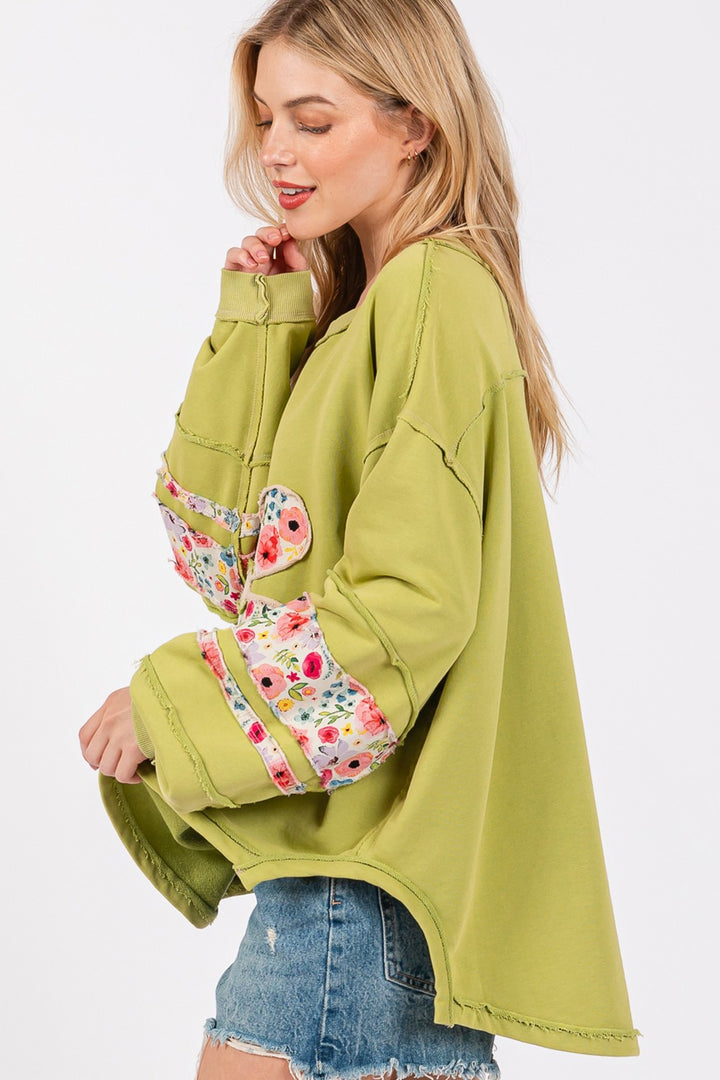 Floral Print Patch Patchwork Long-Sleeved Sweatshirt