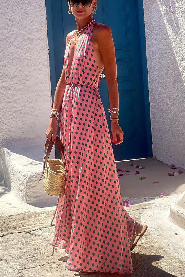 Polka Dots Print Back Lace-Up Swing Maxi Dress